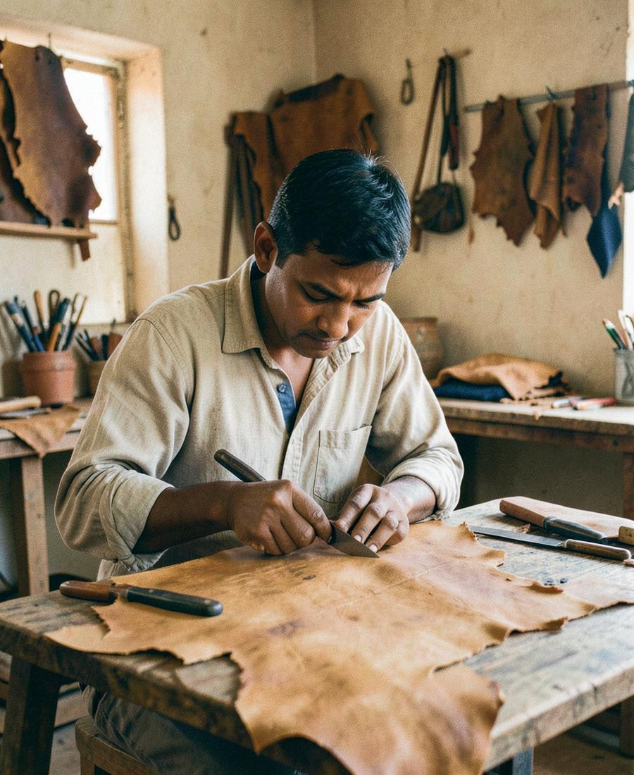 Jayesh cutting buffalo hide on a wooden table in the workshop
