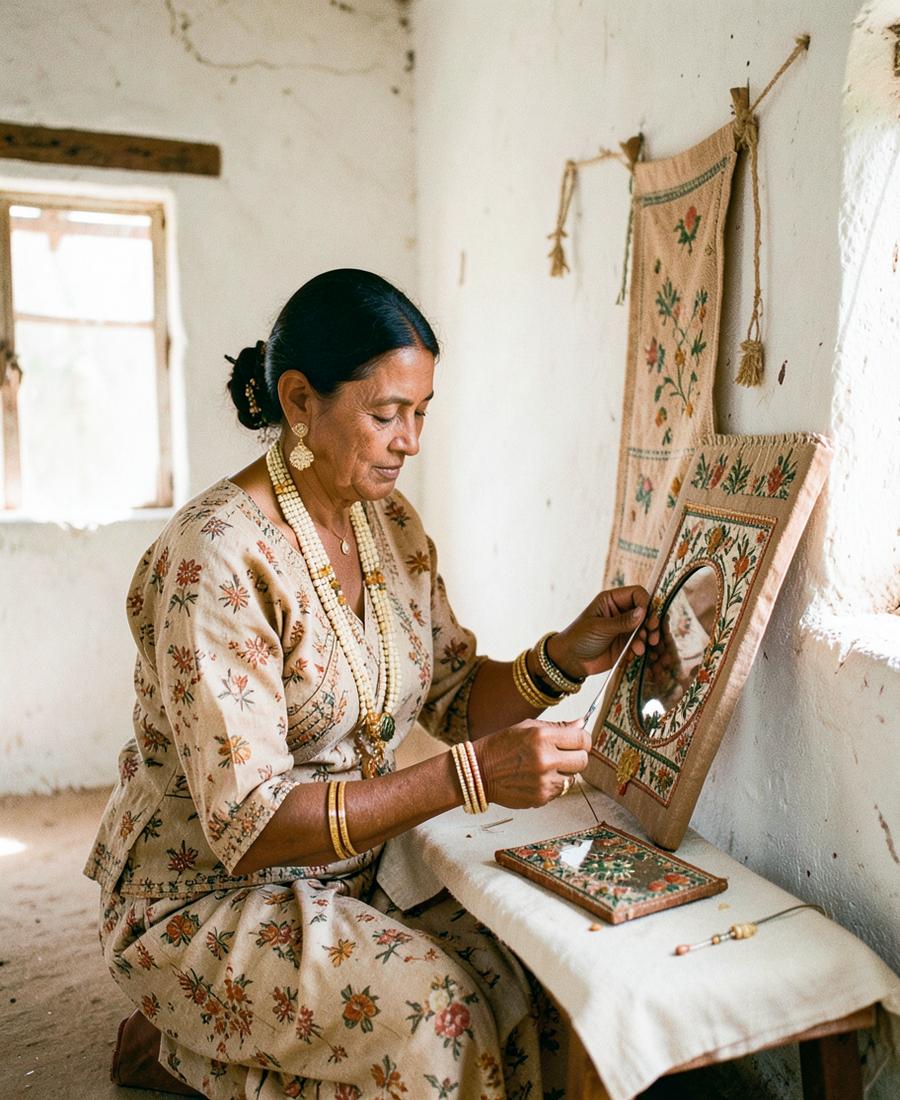 Hansaben working mirror embroidery on a panel in daylight
